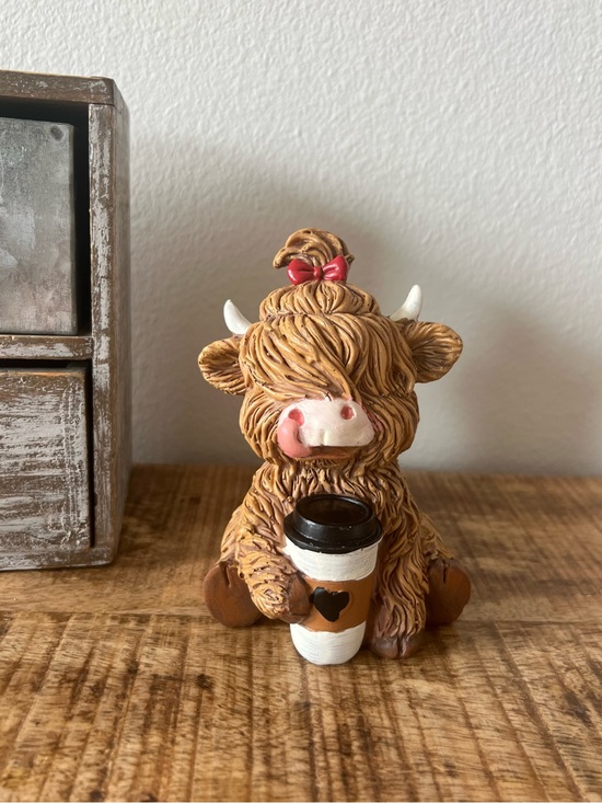 Other - New Adorable Highland Cow Red Bow Holding A Latte